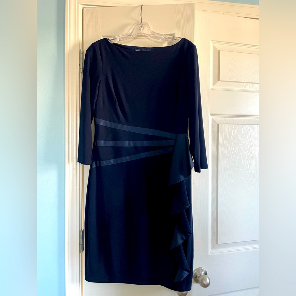 American Living Navy dress, 3/4 sleeve with beautiful ruffle detail.